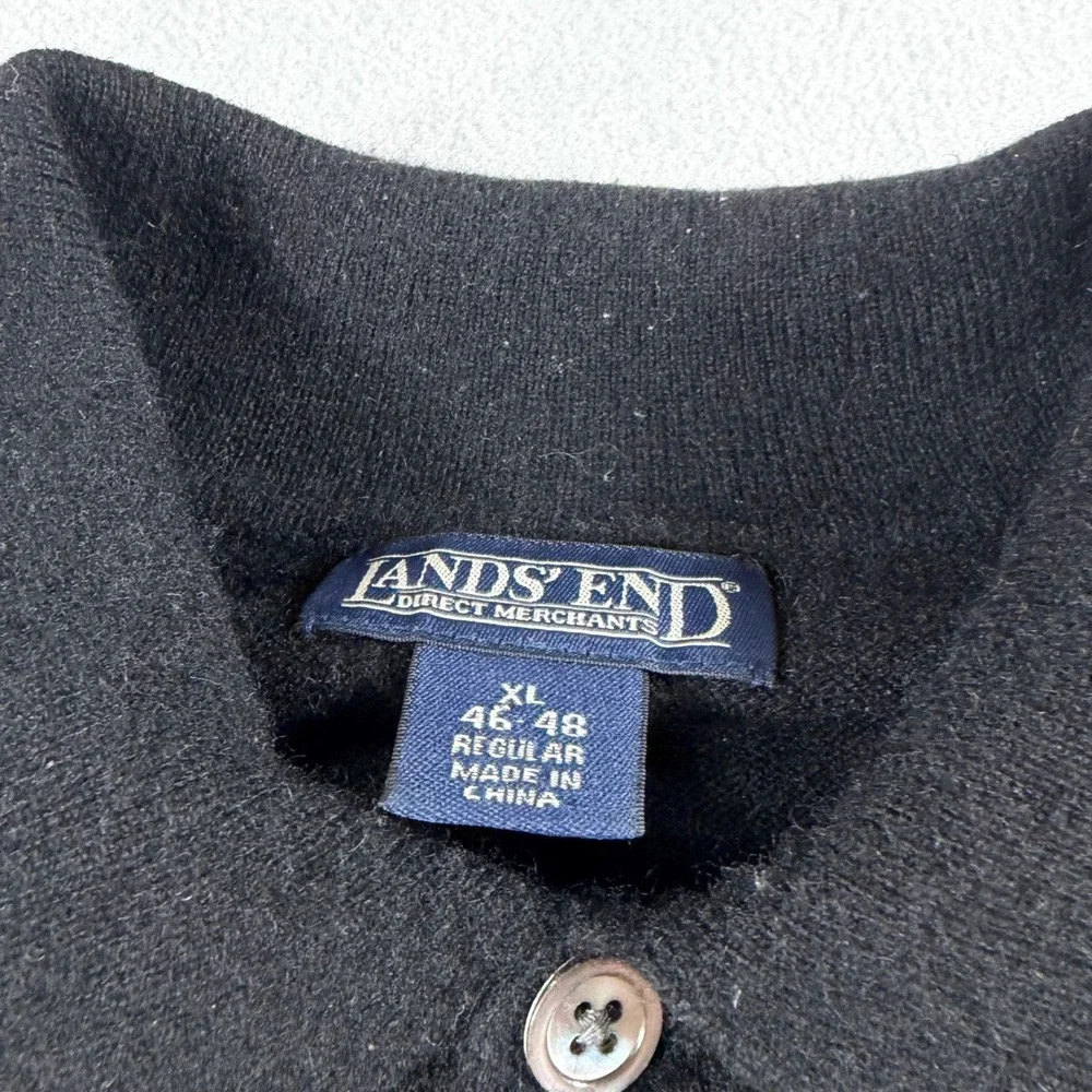 Lands End Mens XL Black 100% Cashmere Long Sleeve Polo Sweater 3 Button Knit